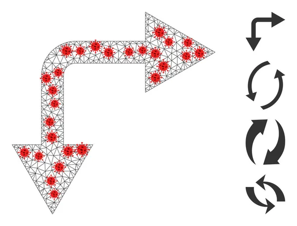 Polygonal Carcass Bifurcation Arrow Right Down Pictogram with Coronavirus Elements — Wektor stockowy