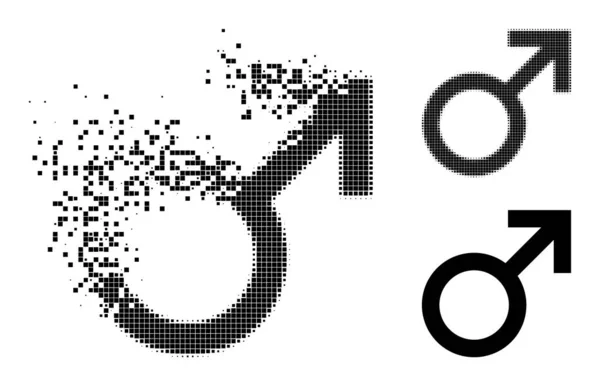 Icône de symbole masculin pixélisé désintégrant et demi-teinte — Image vectorielle