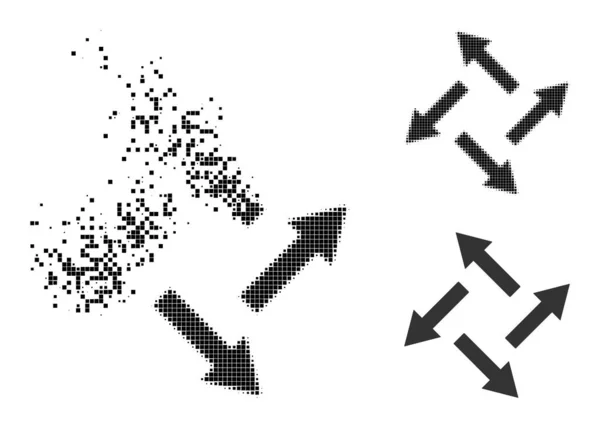 Désagrégation et demi-teinte Pixelated Icône Flèches centrifuges — Image vectorielle