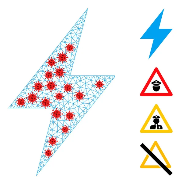 Polygonalt nätverk Elektrisk Strike Ikon med virus objekt — Stock vektor
