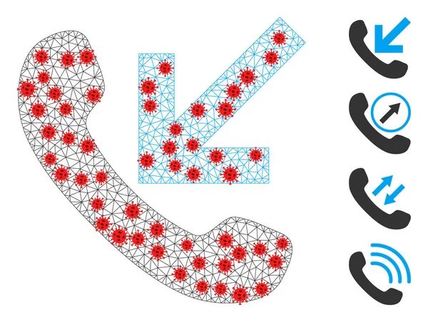 Polygonaler Drahtrahmen eingehender Anrufe Piktogramm mit Infektionsknoten — Stockvektor