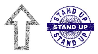 Ok yukarı ok ikonlarının fraktal kolajı ve desenli stand up Guilloche mührü