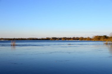 Kış mevsiminde Aşağı Saksonya 'daki Hodenhagen köyündeki Aller Nehri' nde sel.