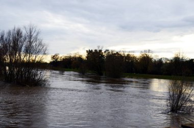 Kış mevsiminde River Aller, Aşağı Saksonya 'da sel