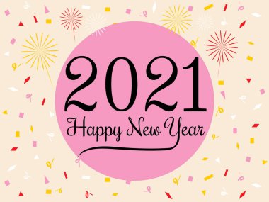 2021 Mutlu Yıllar özgeçmişi. Konfeti düz simgeli metin. vektör illüstrasyon tebrik kartı ve poster tasarımı.