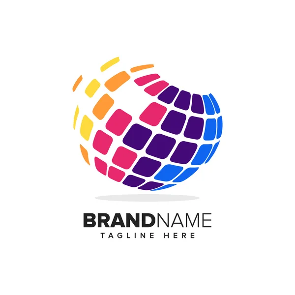 Logotypen för en stiliserad jordglob med pixlar i rörelse. Denna logotyp är lämplig för globala företag, världen teknik och mediebyråer — Stock vektor