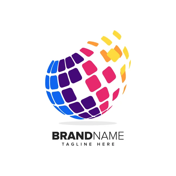 Logo de un globo estilizado con píxeles en movimiento. Este logotipo es adecuado para empresas globales, tecnologías mundiales y agencias de medios de comunicación — Vector de stock
