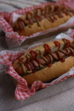 Parkta sonbahar pikniği. Nefis sosisli sandviçler..