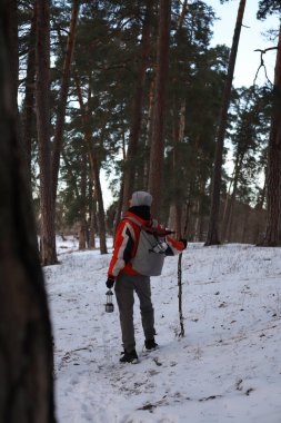 Kışın ormanda yürüyüş yapan bir adam. Gri şapkalı, turuncu ceketli ve gri sırt çantalı bir adam..