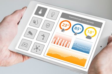 Smart home dashboard in order to control home appliances. Hand holding modern tablet with dashboard displaying charts.