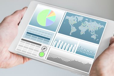 Satış, pazarlama, muhasebe, kontrol departmanı gelir, satış ve iş Kpis kontrol etmek için analiz panosu ile el tutma modern tablet veya mobil cihaz