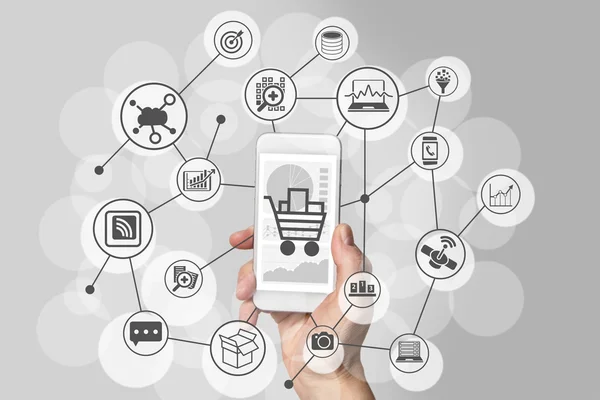 Mobile shopping experience with hand holding smartphone to connect to online shops to purchase consumer goods — Stock Photo, Image