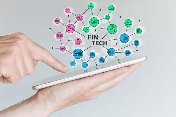 Fin Tech en mobiele computing concept. Hand holding tablet — Stockfoto