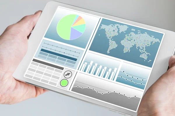 Mano que sostiene la tableta moderna o el dispositivo móvil con el tablero de la analítica para las ventas, la comercialización, la contabilidad, el departamento de control para comprobar los ingresos, las ventas y los KPI del negocio — Foto de Stock