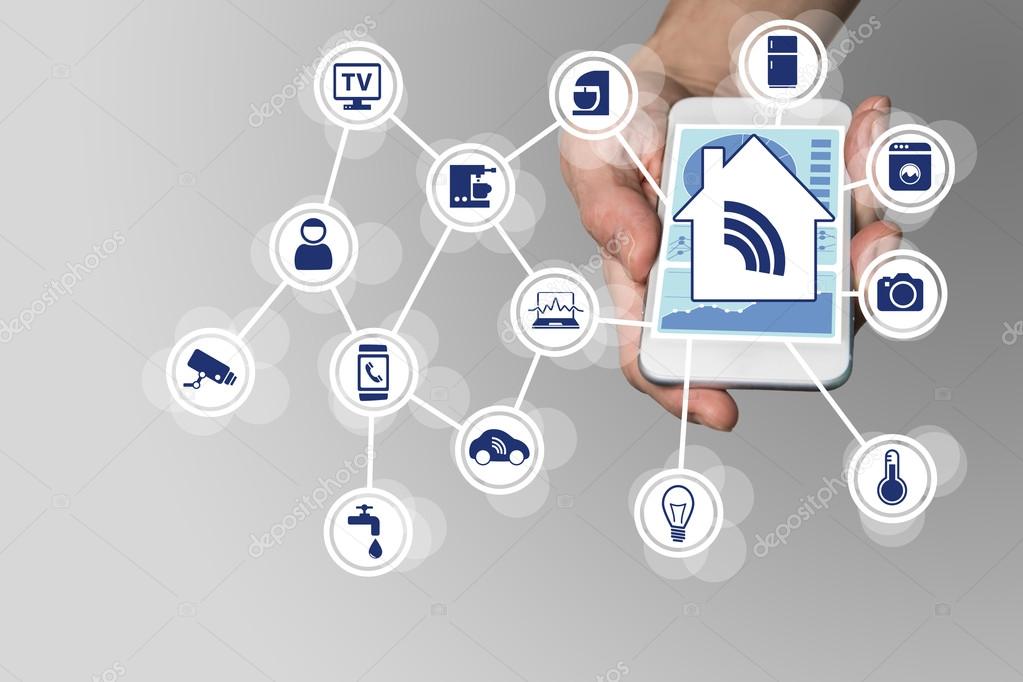 Hand holding modern smart phone on neutral background. Smart home automation concept with connected devices