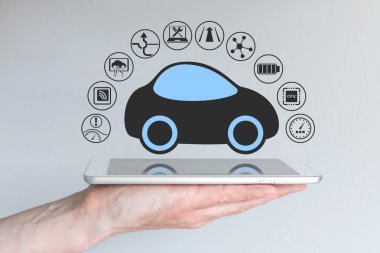Autonomous self-driving driverless car connected to mobile device clipart