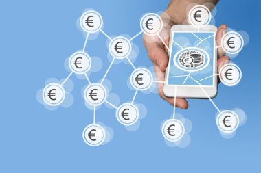 Mobile e-payment and e-commerce concept with hand holding modern smartphone in front of neutral blue background clipart