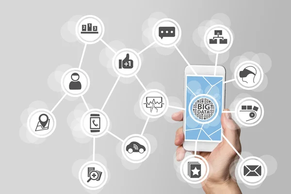 Big data concept in order to analyze large volume of data from connected mobile devices. Hand holding smart phone on white background — Stock Photo, Image