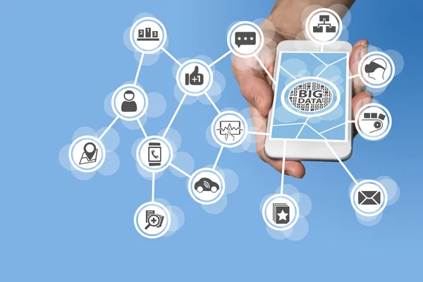 Big data concept in order to analyze large volume of data from connected mobile devices. Hand holding smart phone on white background — Stock Photo, Image