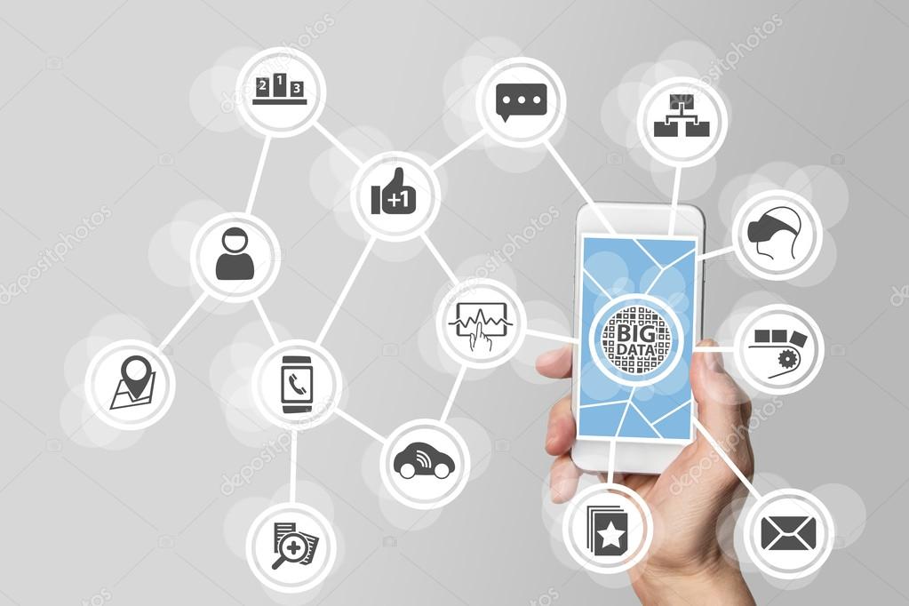 Big data concept in order to analyze large volume of data from connected mobile devices. Hand holding smart phone on white background