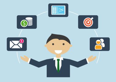 Çalışan insanlar: kişi multitasking çeşitli etkinlikler öğeleri hokkabazlık çizgi film karakteri tarafından görüntülenmiştir tarihlerde e-posta, bütçe, hedef ayarlama, iş arkadaşları, müşteriler ve e-tablolar