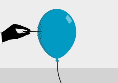 Kabarcığı patlatmak üzere. İğne ve ballon ile el. Finansal kriz kavramı için vektör illüstrasyon