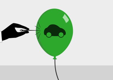 Concept of declining car sales and automotive crisis. Vector illustration in flat design of needle bursting the bubble. clipart
