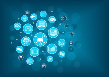 Vektör illüstrasyon olarak bulut bilgi işlem kavramı. Buluttaki çeşitli cihazların simgeleri ile bulanık bilgi teknolojisi arka planı.