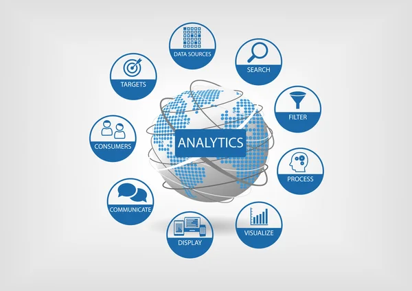 Data och web analytics ikoner med världskarta — Stock vektor