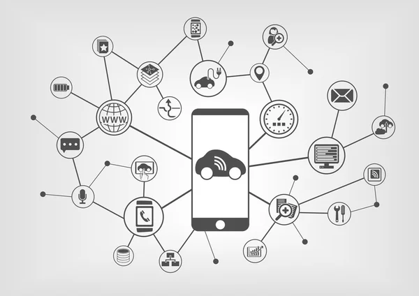 Digitaal mobiliteits concept met aangesloten apparaten zoals auto, smartphone. Vector pictogrammen op grijze achtergrond — Stockvector