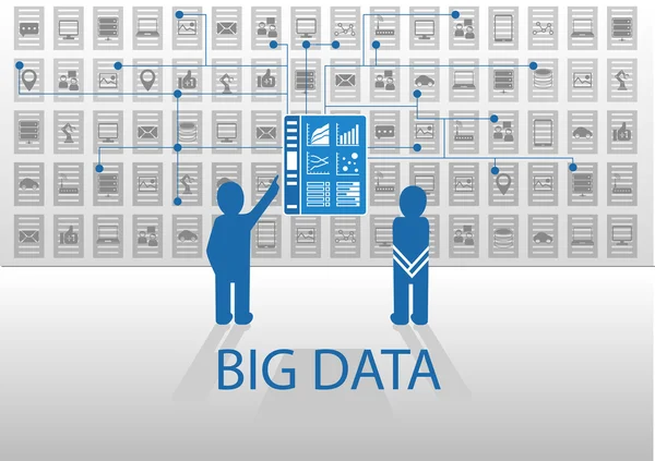 Ilustração de ícone vetorial em design plano com azul e cinza para conceito de big data. Duas pessoas em pé na frente do painel de informações de inteligência de negócios, a fim de analisar pontos de dados comerciais . —  Vetores de Stock