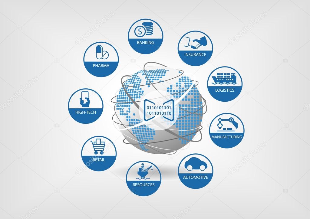 Digital business vector illustration. Icons of global digital industries like banking, insurance, logistics, manufacturing, retail