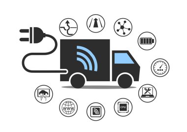 Electric truck symbol with power plug and various icons. Vector illustration.