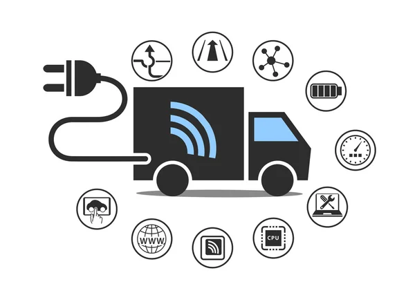 Electric truck symbol with power plug and various icons. Vector illustration. — 图库矢量图片