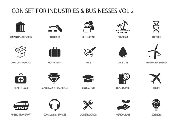 Ícones de negócios e símbolos de várias indústrias / setores de negócios como consultoria, turismo, hospitalidade, agricultura, energias renováveis, imobiliário, serviços ao consumidor, construção, serviços financeiros —  Vetores de Stock