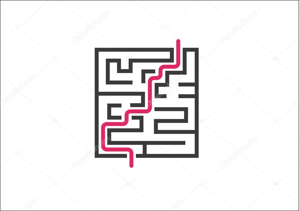 Overcoming business challenges and obstacles. Vector illustration of maze / labyrinth with red growth curve.