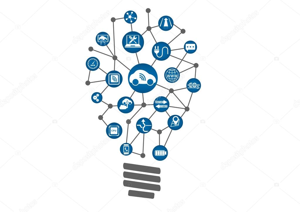 Connected car concept as technology innovation. Light bulb of connected devices within auto-industry.