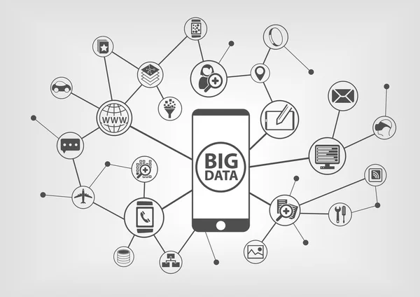 Big Data et concept de mobilité avec des appareils connectés comme le smartphone. Symboles informatiques sur fond gris . — Image vectorielle