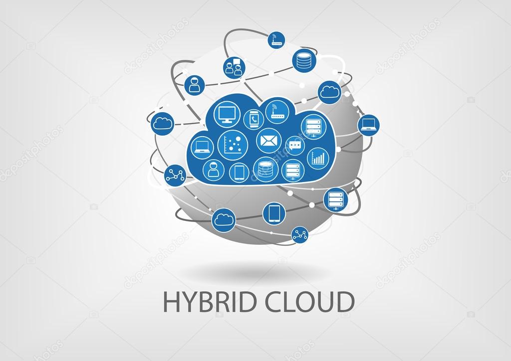 Hybrid cloud computing vector icon symbol. Blue and grey globe with blurred background.