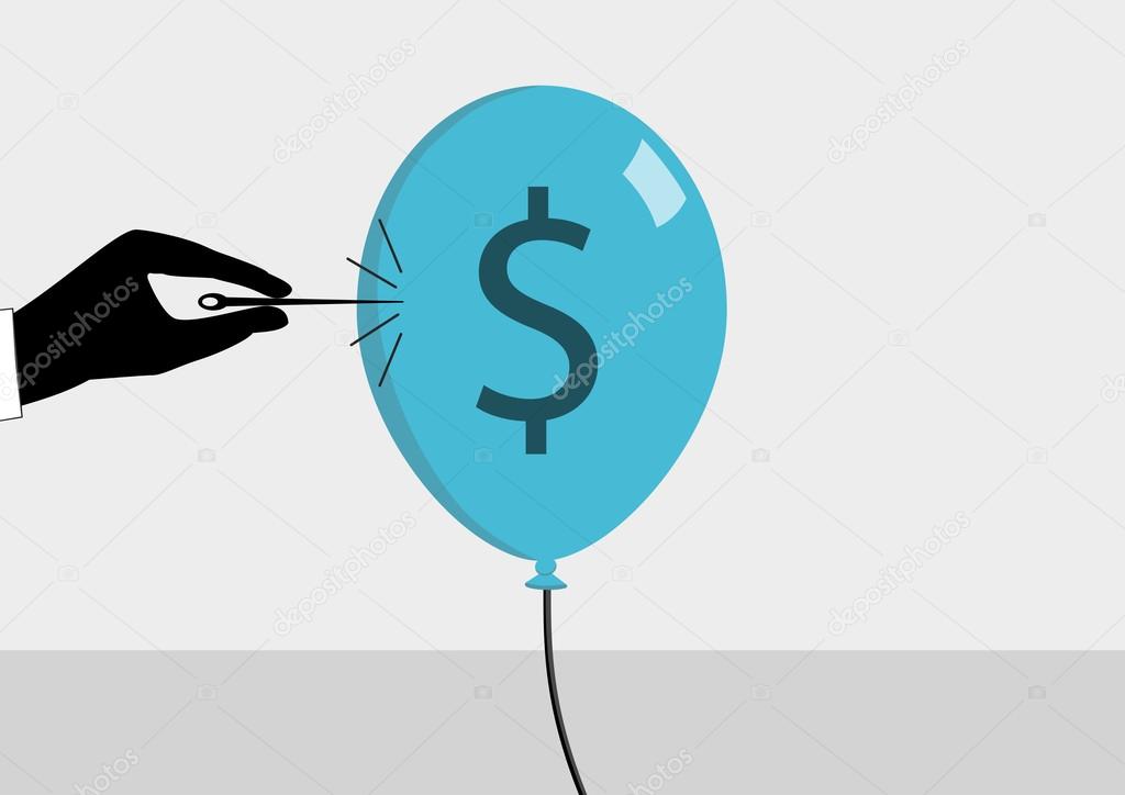 Financial crisis and currency inflation concept. Vector illustration of hand and needle bursting a bubble or balloon