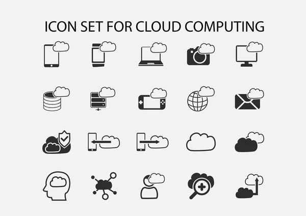 Enkel vektor Ikonuppsättning av Cloud Computing symboler. Mobila enheter i molnet — Stock vektor