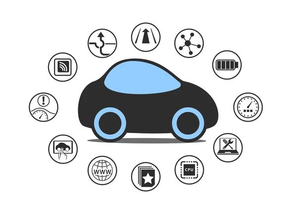 Selbstfahrendes Auto und Konzept für autonome Fahrzeuge. Symbol für fahrerloses Auto mit Sensoren wie Spurassistent, Head-Up-Display, drahtloser Konnektivität. — Stockvektor