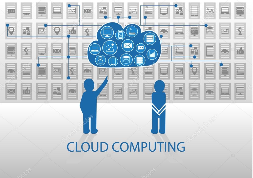 Vector illustration of icon persons in front of cloud computing