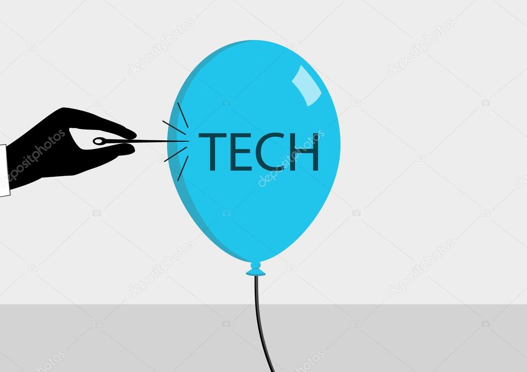 Concept for tech crisis in silicon valley and computer industry. Vector illustration of hand and needle bursting the tech bubble.