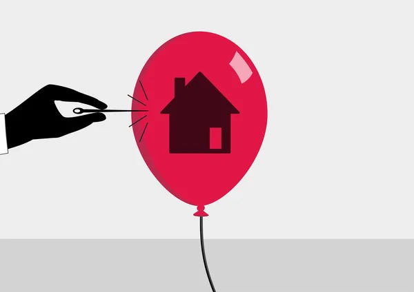 Crisis inmobiliaria y disminución del concepto de precios inmobiliarios. Ilustración vectorial de la mano y la aguja reventando una burbuja o globo con símbolo de la casa . — Vector de stock