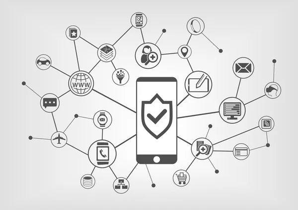 Mobiele veiligheidsconcept voor slimme telefoons. Vector afbeelding achtergrond met aangesloten symbolen — Stockvector