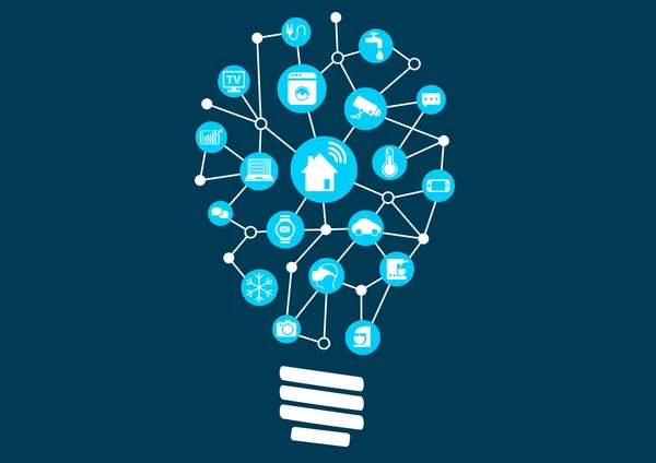 デジタル化のためのモデルとしてスマート ホーム ・ オートメーション。接続されているデバイスのアイデアを見つけるのための電球. — ストックベクタ