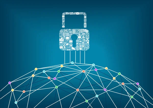 Küresel bu güvenlik koruma kavramı, bağlanan aygıtları. World wide web arka plan noktalar bağlayan çizgilerle.