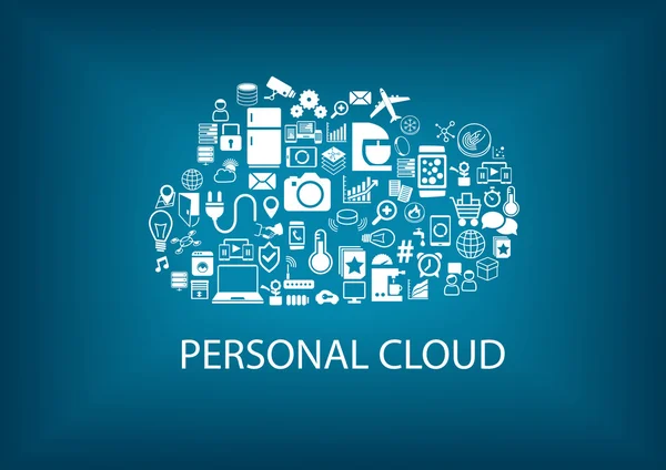 Persoonlijke cloud computing voor huisautomatisering diensten. Diverse aangesloten apparaten binnen de wolk. Witte technologie iconen en symbolen en onscherpe achtergrond. — Stockvector