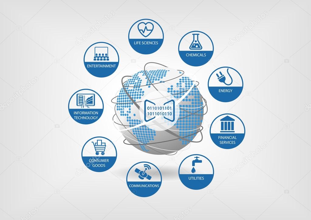 Digital business models for global economy. Vector icons for different industries like life sciences, consumer good, telecommunications, energy and financial services